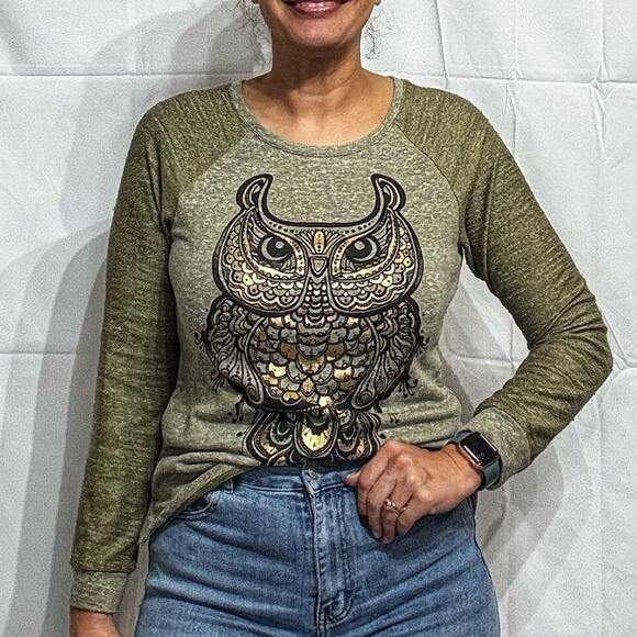 Hybrid Olive Green Owl Crew Neck Sweater Sz L - Picture 1 of 10